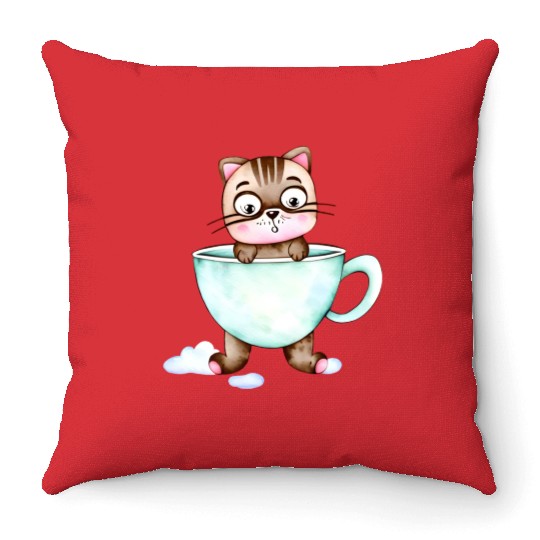 Surprised Silly Cat Wearing Coffee Cup Throw Pillows