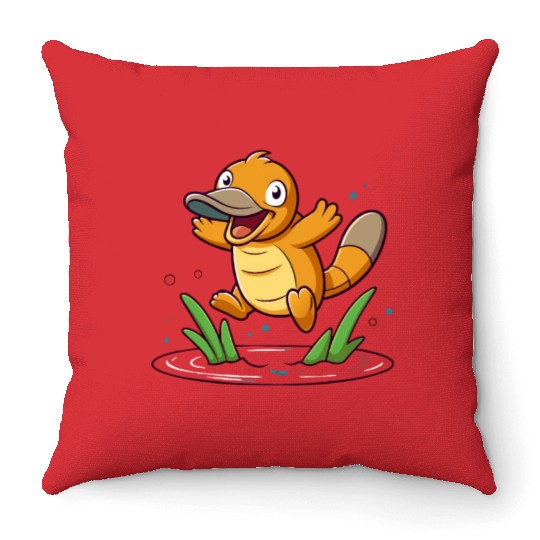 Whimsical Platypus Frolicking in a Pond Throw Pillows