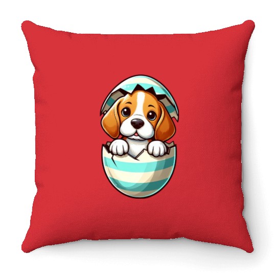 Colorful Beagle Dog Easter Egg Hatching Design Throw Pillows