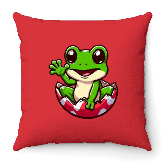 Colorful Easter Egg with Hatching Frog Design Throw Pillows