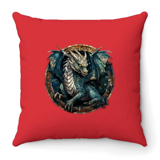 Cerulean Coil: The Stained Glass Dragon Throw Pillows