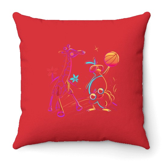 Neon Showdown: Giraffe & Bird's Basketball Duel Throw Pillows
