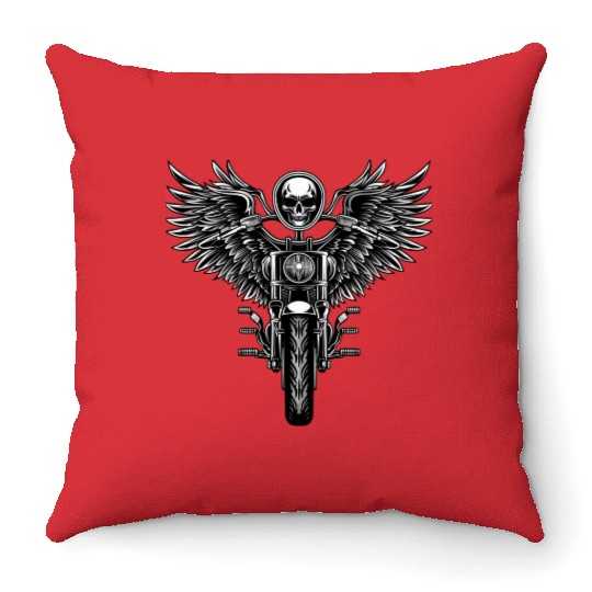 Motorcycle, skull and street-style wing Throw Pillows