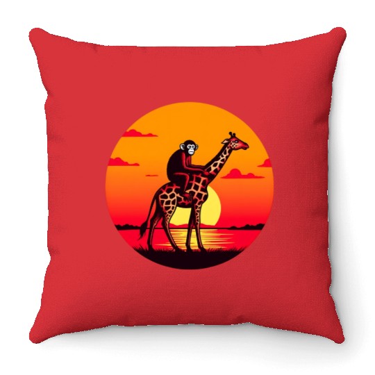Sunset Safari: Monkey Riding Giraffe Throw Pillows