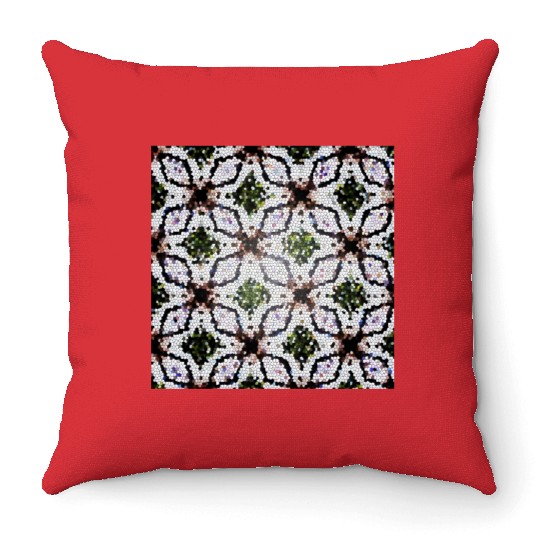 stained glass print in greens and roses Throw Pillows
