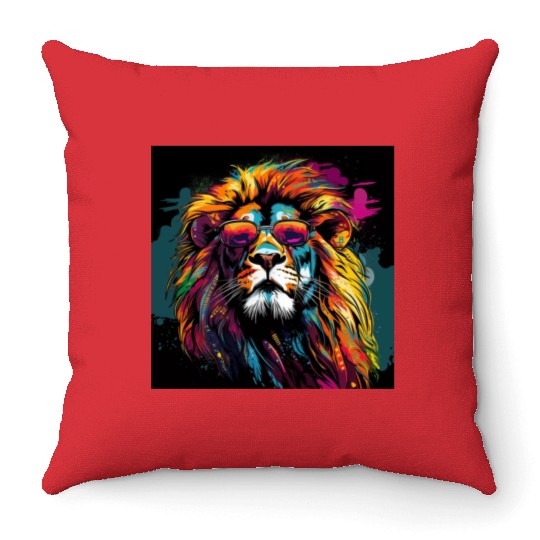 Rainbow Pop Art Lion in Sunglasses Throw Pillows