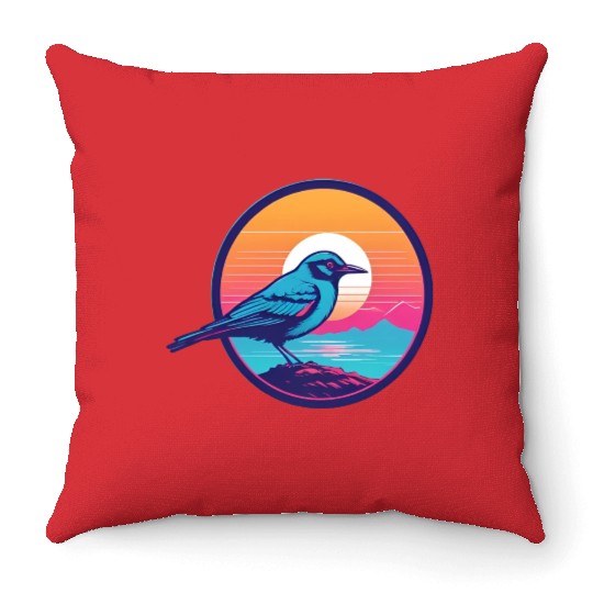 Synthwave Blue Bird Throw Pillows