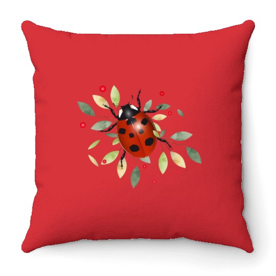 red glowing ladybug with green leaves Throw Pillows