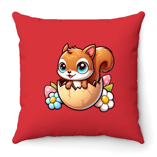 Cute Squirrel with Easter Egg Comic Design Throw Pillows