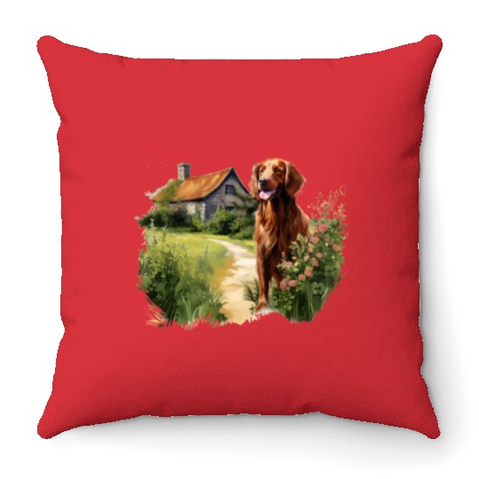 Irish Setter Emerald Dog Cottagecore Adventure Throw Pillows