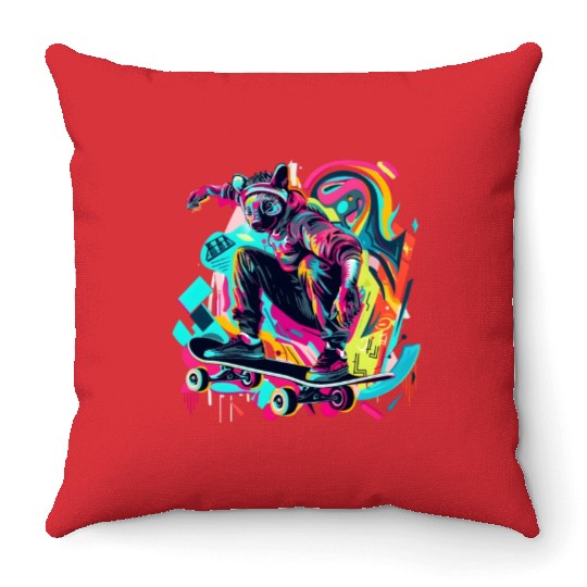 Radical Ride: Skateboarding Lemur in 80s Pop Art Throw Pillows
