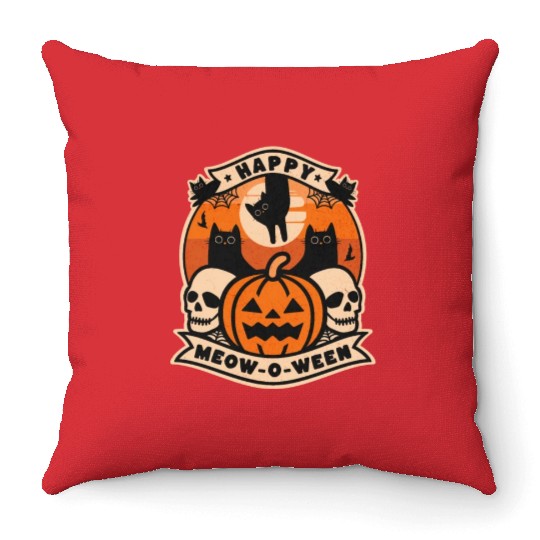 [THAM store] - Happy Meow O Ween Cat and Skull Throw Pillows
