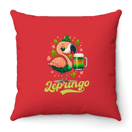Irish Flamingo St Patricks Lepringo Throw Pillows