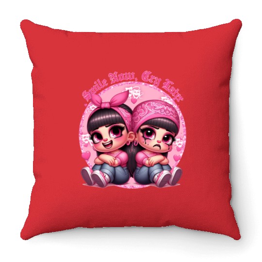 Smile Now Cry Later Drama girls Chicano Art Throw Pillows