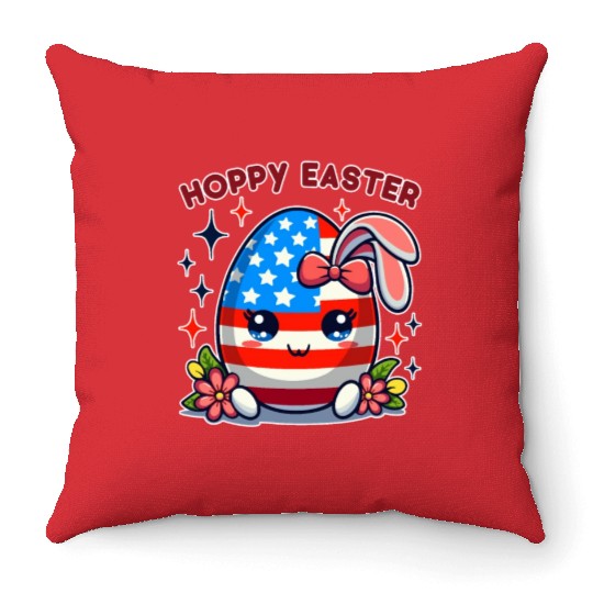 Hoppy Easter - American Flag Easter Egg Bunny Ears Throw Pillows