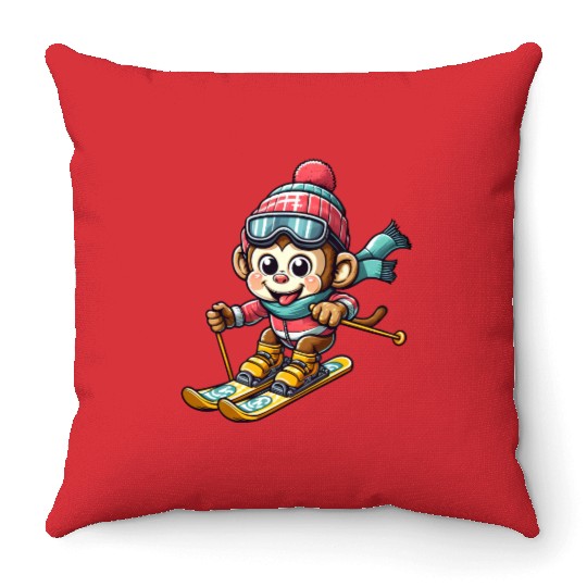 Monkey Chimpanzee Skier Winter Vacation Design Throw Pillows