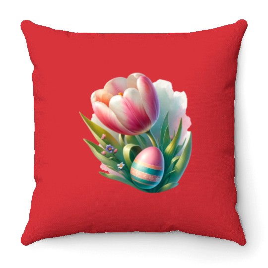 Spring Colorful Tulip With Easter Egg Throw Pillows