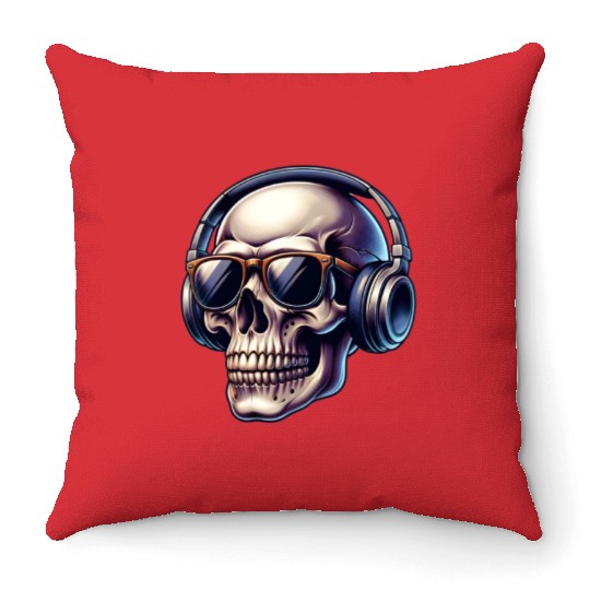 skull wearing headphone Throw Pillows