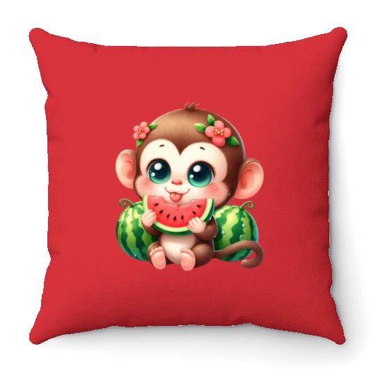 Monkey Eating Watermelon Throw Pillows