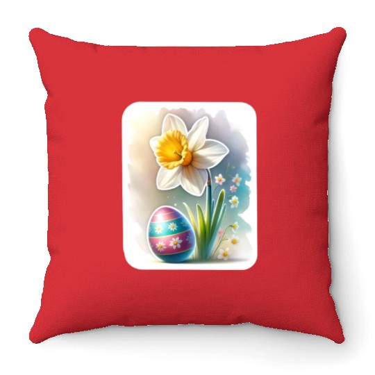 A Beautiful Daffodil With an Easter Egg Throw Pillows