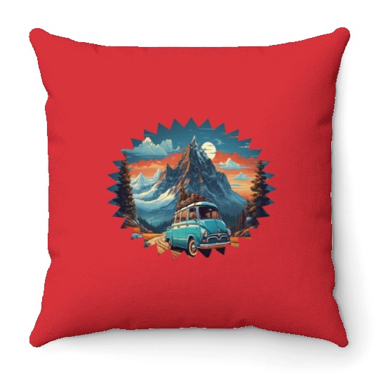 Classic car with wonderful mountains background Throw Pillows