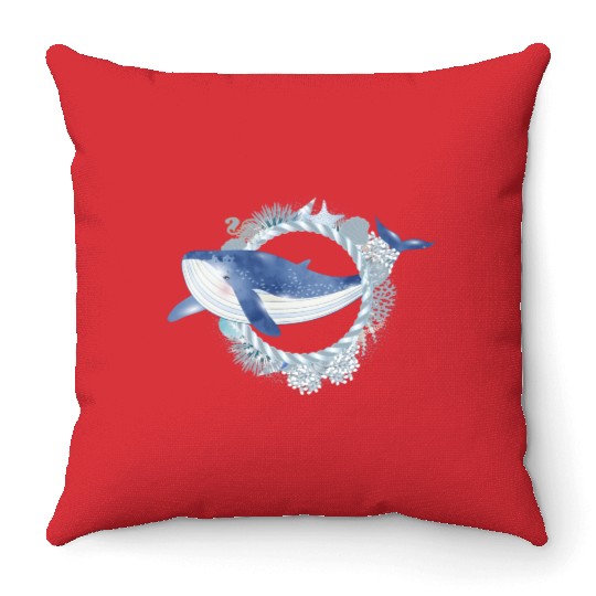 blue whale fish in coral reef in watercolor style Throw Pillows