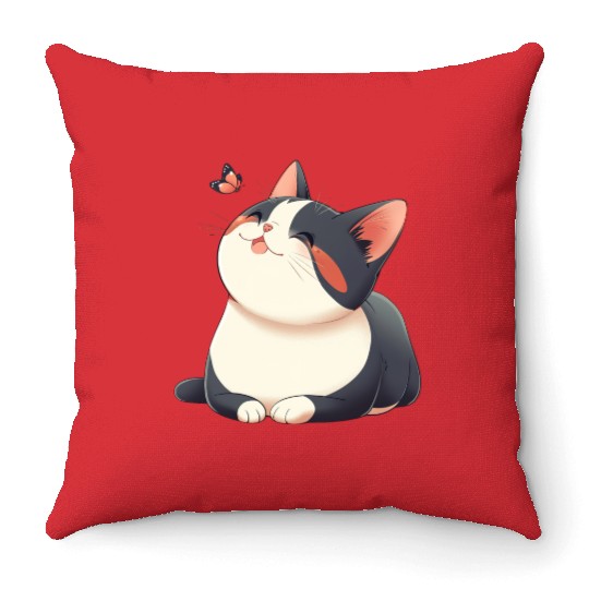 Kawaii Cat and Butterfly Throw Pillows