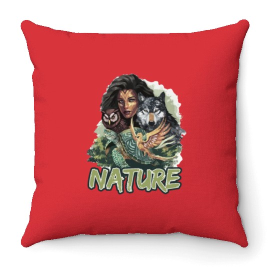 Nature-Inspired Wolf Owl Turtle Phoenix Woman Throw Pillows