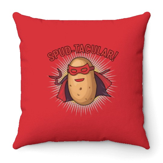 Superhero Potato Saying "Spud-tacular!" Design Art Throw Pillows