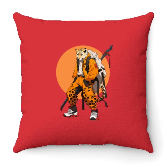 Ninja Samurai Katana Sword Cheetah Manga Throw Pillows