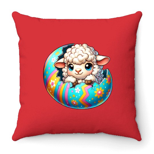 Colorful Lamb Hatching from Easter Egg Cartoon Throw Pillows