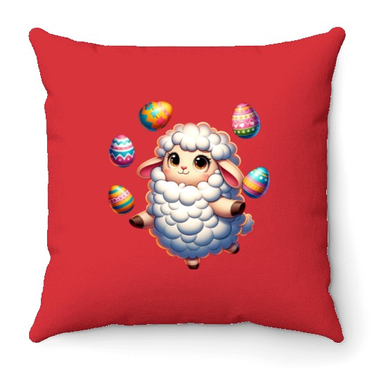Colorful Easter Egg Juggling Lamb Cartoon Throw Pillows