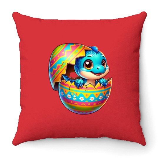Easter Egg Dino T-Rex Hatching Colorful Cartoon Throw Pillows
