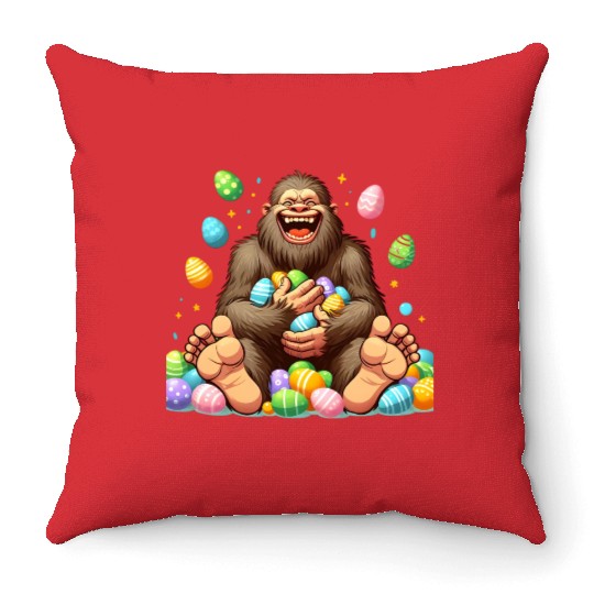 Colorful Easter Eggs Surrounding Bigfoot Throw Pillows