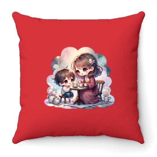 Mother and Son Enjoying a Cozy Tea Party Throw Pillows