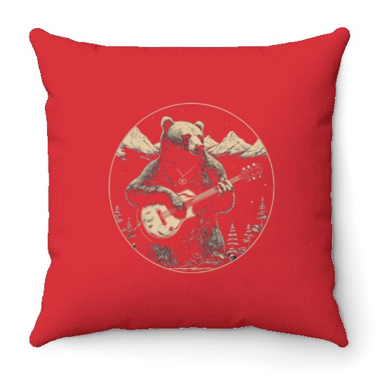 Grizzly Bear Playing Guitar Throw Pillows