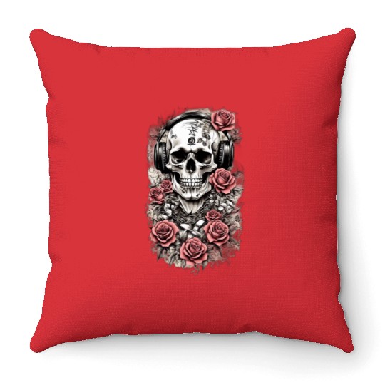Rock & Roses Throw Pillows: Skull, Roses & music nout