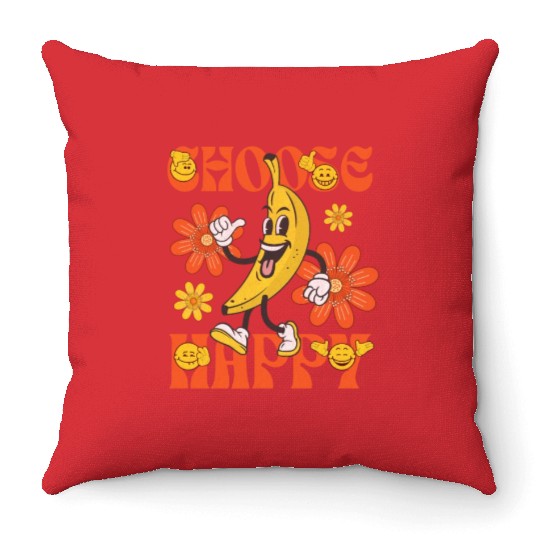 Choose Happy Retro Banana Mascot Throw Pillows