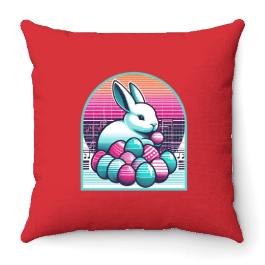 Synthwave Easter Bunny with Eggs Throw Pillows