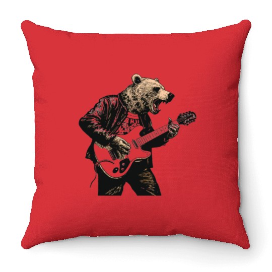 Grizzly Bear Playing Guitar Throw Pillows