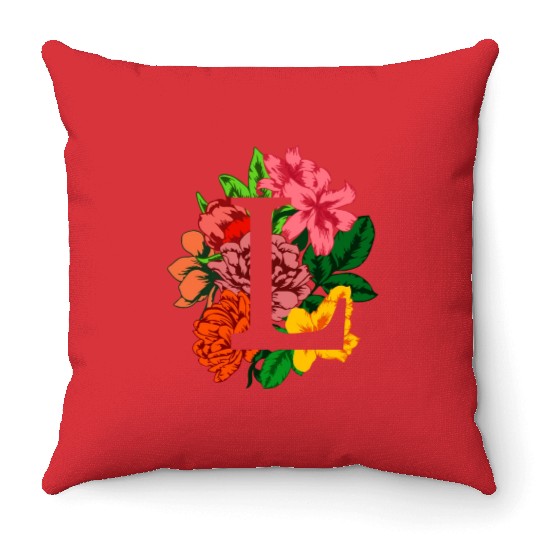 Capital letter L monogram with peony, lily flowers Throw Pillows