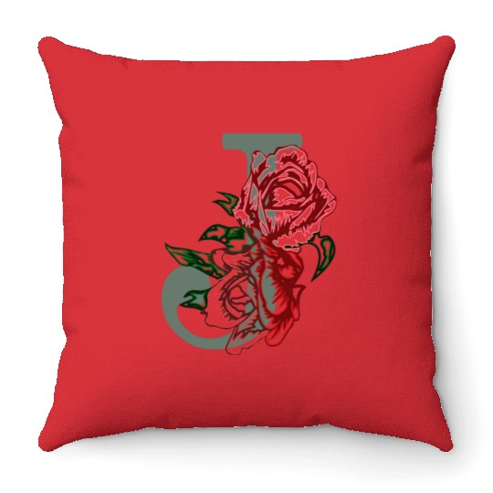 Capital letter J monogram and contour rose flowers Throw Pillows