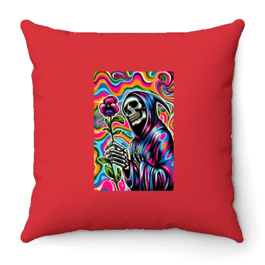 Psychedelic Grim Reaper Holding Sweet Pea Flower Throw Pillows