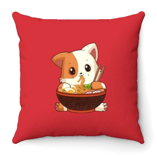 Cute anime cat eating ramen noodles Throw Pillows