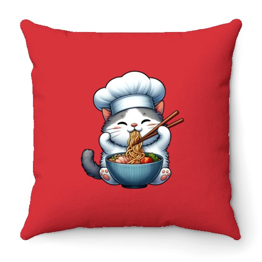 Kawaii Anime Whimsical Cat Japanese Ramen Noodles Throw Pillows