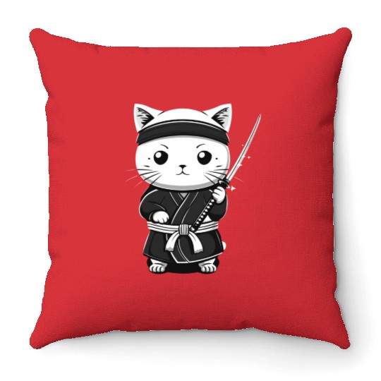 Cat Kawaii Samurai Funny Gift Throw Pillows