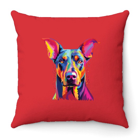 Watercolor Colorful Doberman Pinscher Throw Pillows