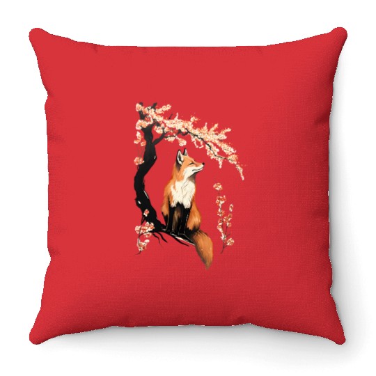 Fox & Sakura: Wildlife and Spring Scenery Cherry Throw Pillows
