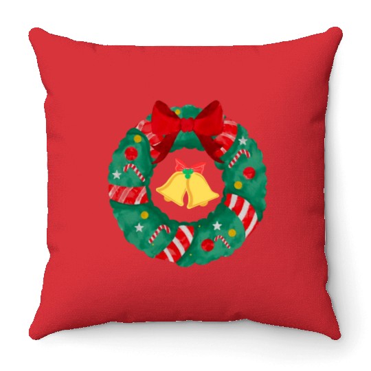Christmas Wreath with Bells Throw Pillows
