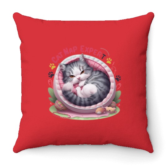 Cat Nap Expert - Funny Cat Outfit! Throw Pillows